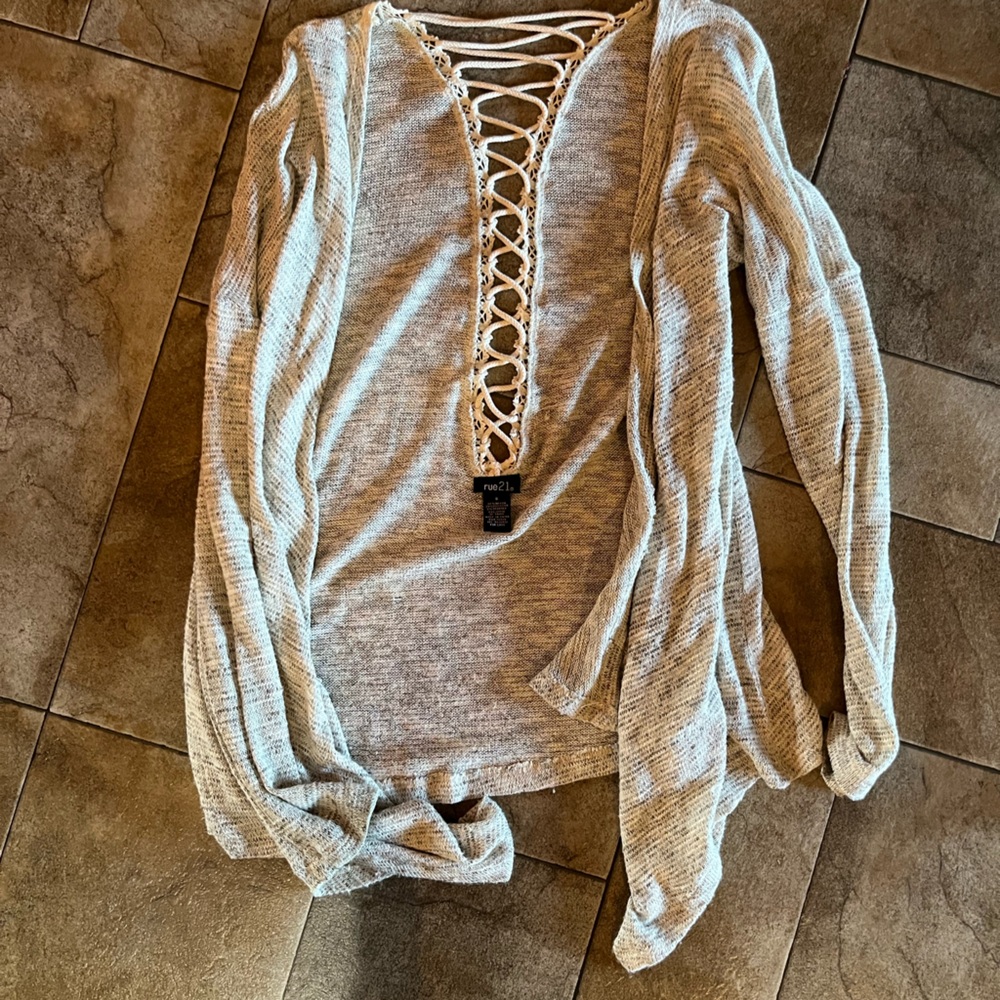 Rue21 Light Gray Knit Top with Lace-Up Detail